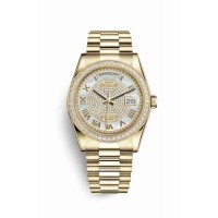 Replica Rolex Day-Date 36 18 ct yellow gold 118348 White mother-of-pearl diamond paved Dial Watch m118348-0040