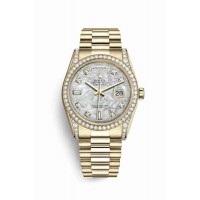 Replica Rolex Day-Date 36 18 ct yellow gold lugs set diamonds 118388 White mother-of-pearl set diamonds Dial Watch m118388-0018