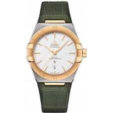 Omega Constellation Co-Axial Master Chronometer Silver Dial 18K Yellow Gold Green Leather Strap Men's Replica Watch 131.23.39.20.02.002