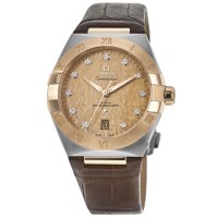 Omega Constellation Co-Axial Master Chronometer Champagne Diamond Dial Brown Leather Strap Men's Replica Watch 131.23.39.20.58.001