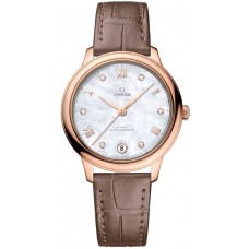 Omega De Ville Prestige Co-Axial Master Chronometer 34mm Mother of Pearl Diamond Dial 18k Rose Gold Leather Strap Women's Replica Watch 434.53.34.20.55.001