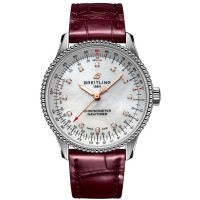 Breitling Navitimer Automatic 35 Mother of Pearl Diamond Dial Burgundy Leather Strap Women's Replica Watch A17395211A1P2