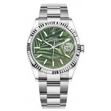 Rolex Datejust 36 Steel &amp; White Gold Olive Green Palm-Motif Dial Women's Replica Watch M126234-0048