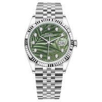 Rolex Datejust 36 Steel &amp; White Gold Olive Green Palm-Motif Diamond Dial Women's Replica Watch M126234-0055