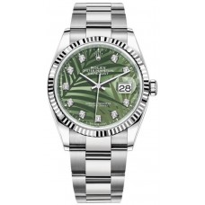 Rolex Datejust 36 Steel &amp; White Gold Olive Green Palm-Motif Diamond Dial Women's Replica Watch M126234-0056