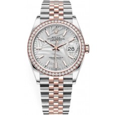 Rolex Datejust 36 Steel &amp; Everose Gold Silver Palm-Motif Dial Diamond Bezel Women's Replica Watch M126281RBR-0019