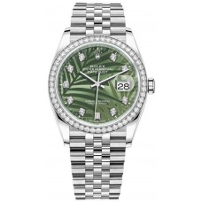 Rolex Datejust 36 White Gold &amp; Diamonds Olive Green Palm-Motif Diamond Dial Women's Replica Watch M126284RBR-0047