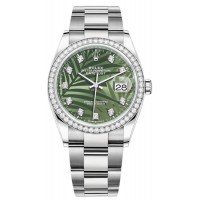 Rolex Datejust 36 White Gold &amp; Diamonds Olive Green Palm-Motif Diamond Dial Women's Replica Watch M126284RBR-0048