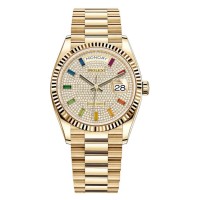 Rolex Day-Date Yellow Gold Diamond Paved Gemstone Dial Women's Replica Watch M128238-0051