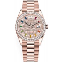 Rolex Day-Date Rose Gold Diamond-Paved Gemstone Dial Diamond Bezel Women's Replica Watch M128345RBR-0042