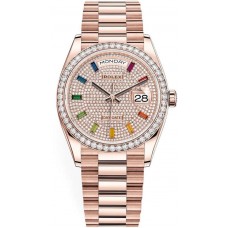 Rolex Day-Date Rose Gold Diamond-Paved Gemstone Dial Diamond Bezel Women's Replica Watch M128345RBR-0042