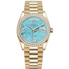 Rolex Day-Date Yellow Gold Turquoise Diamond-Set Roman Dial Diamond Bezel Women's Replica Watch M128348RBR-0037