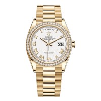 Rolex Day-Date Yellow Gold White Roman Dial Diamond Bezel Women's Replica Watch M128348RBR-0042