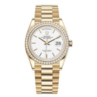 Rolex Day-Date Yellow Gold White Dial Diamond Bezel Women's Replica Watch M128348RBR-0047