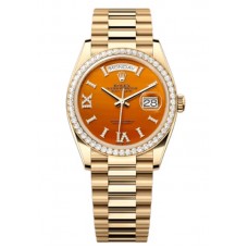 Rolex Day-Date Yellow Gold Carnelian Diamond-Set Roman Diamond Bezel Women's Replica Watch M128348RBR-0049