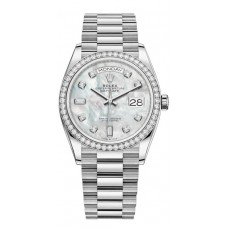 Rolex Day-Date White Gold Mother-of-Pearl Diamond Dial Diamond Bezel Women's Replica Watch M128349RBR-0004