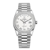 Rolex Day-Date White Gold White Roman Dial Diamond Bezel Women's Replica Watch M128349RBR-0025