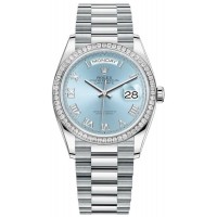 Rolex Day-Date Platinum Ice-Blue Dial Diamond Bezel Women's Replica Watch M128396TBR-0002