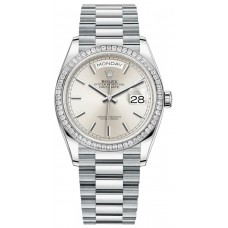 Rolex Day-Date Platinum Silver Dial Diamond Bezel Women's Replica Watch M128396TBR-0004