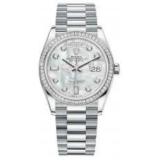 Rolex Day-Date Platinum Mother-of-Pearl Diamond Dial Diamond Bezel Women's Replica Watch M128396TBR-0005