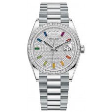 Rolex Day-Date Platinum Diamond-Paved Gemstone Dial Diamond Bezel Women's Replica Watch M128396TBR-0006
