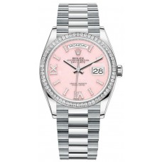 Rolex Day-Date Platinum Pink Opal Diamond-Set Roman Dial Diamond Bezel Women's Replica Watch M128396TBR-0009