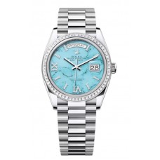 Rolex Day-Date Platinum Turquoise Diamond-Set Roman Dial Diamond Bezel Women's Replica Watch M128396TBR-0016