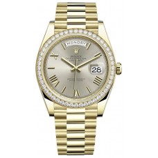 Rolex Day-Date 40 18K Yellow Gold Silver Dial Diamond Bezel Men's Replica Watch M228348RBR-0007
