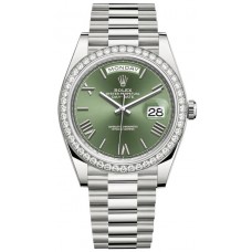 Rolex Day-Date 40 18k White Gold Olive Green Dial Diamond Bezel Men's Replica Watch M228349RBR-0030
