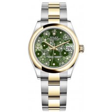 Rolex Datejust 31 Stainless Steel and Yellow Gold Olive-Green-Floral-Motif Diamond Dial Women's Replica Watch M278243-0031