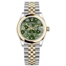 Rolex Datejust 31 Stainless Steel and Yellow Gold Olive-Green-Floral-Motif Diamond Dial Women's Replica Watch M278243-0032