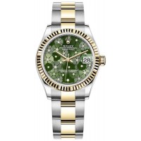 Rolex Datejust 31 Stainless Steel and Yellow Gold Olive-Green-Floral-Motif Diamond Dial Women's Replica Watch M278273-0031