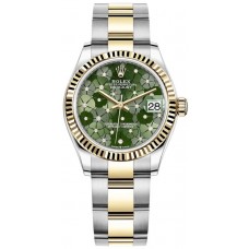 Rolex Datejust 31 Stainless Steel and Yellow Gold Olive-Green-Floral-Motif Diamond Dial Women's Replica Watch M278273-0031