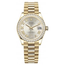 Rolex Datejust 31 Yellow Gold Silver Pave Roman Diamond Dial Diamond Bezel Women's Replica Watch M278288RBR-0020