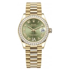 Rolex Datejust 31 Yellow Gold Olive Green Pave Roman Diamond Dial Diamond Bezel Women's Replica Watch M278288RBR-0024