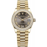 Rolex Datejust 31 Yellow Gold Dark Grey Pave Roman Diamond Dial Diamond Bezel Women's Replica Watch M278288RBR-0026