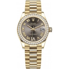 Rolex Datejust 31 Yellow Gold Dark Grey Pave Roman Diamond Dial Diamond Bezel Women's Replica Watch M278288RBR-0026