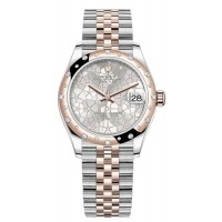 Rolex Datejust 31 Stainless Steel and Rose Gold Silver Floral-Motif Diamond Dial Domed Diamond Bezel Women's Replica Watch M278341RBR-0032