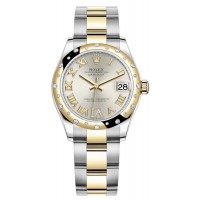 Rolex Datejust 31 Stainless Steel and Yellow Gold Silver Pave Roman Dial Domed Diamond Bezel Women's Replica Watch M278343RBR-0003