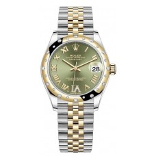 Rolex Datejust 31 Stainless Steel and Yellow Gold Olive Green Pave Roman Dial Domed Diamond Bezel Women's Replica Watch M278343RBR-0016