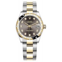 Rolex Datejust 31 Stainless Steel and Yellow Gold Dark Grey Diamond Dial Domed Diamond Bezel Women's Replica Watch M278343RBR-0021