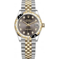 Rolex Datejust 31 Stainless Steel and Yellow Gold Dark Grey Diamond Dial Domed Diamond Bezel Women's Replica Watch M278343RBR-0022