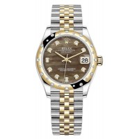 Rolex Datejust 31 Stainless Steel and Yellow Gold Black Mother of Pearl Diamond Dial Domed Diamond Bezel Women's Replica Watch M278343RBR-0024