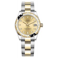 Rolex Datejust 31 Stainless Steel and Yellow Gold Champagne Diamond Dial Domed Diamond Bezel Women's Replica Watch M278343RBR-0025