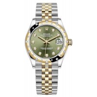 Rolex Datejust 31 Stainless Steel and Yellow Gold Olive Green Diamond Dial Domed Diamond Bezel Women's Replica Watch M278343RBR-0030