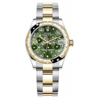 Rolex Datejust 31 Stainless Steel and Yellow Gold Olive Green Floral-Motif Diamond Dial Domed Diamond Bezel Women's Replica Watch M278343RBR-0031