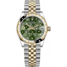 Rolex Datejust 31 Stainless Steel and Yellow Gold Olive Green Floral-Motif Diamond Dial Domed Diamond Bezel Women's Replica Watch M278343RBR-0032