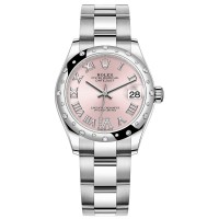 Rolex Datejust 31 Stainless Steel and White Gold Pink Pave Roman Dial Domed Diamond Bezel Women's Replica Watch M278344RBR-0025