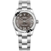 Rolex Datejust 31 Stainless Steel and White Gold Dark Grey Pave Roman Dial Domed Diamond Bezel Women's Replica Watch M278344RBR-0029