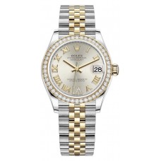 Rolex Datejust 31 Stainless Steel and Yellow Gold Silver Pave Roman Dial Diamond Bezel Women's Replica Watch M278383RBR-0004